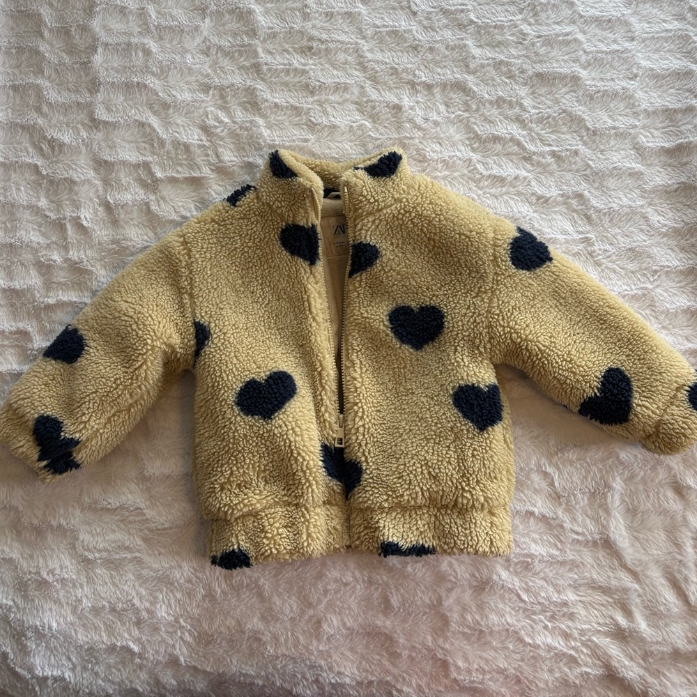 Zara Baby Hearts Sherpa Cream and Black Fleece Jacket